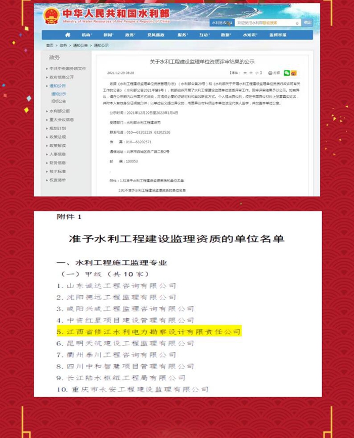 喜报！公司取得水利工程施工监理甲级资质